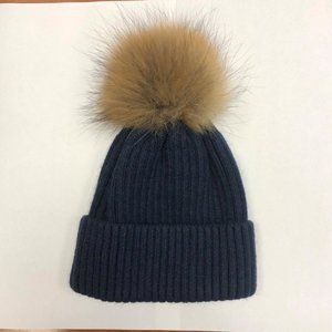 Navy Blue Linda Richards New York Wool Winter Ribbed Hat w/real Fur Pom Pom-NWOT